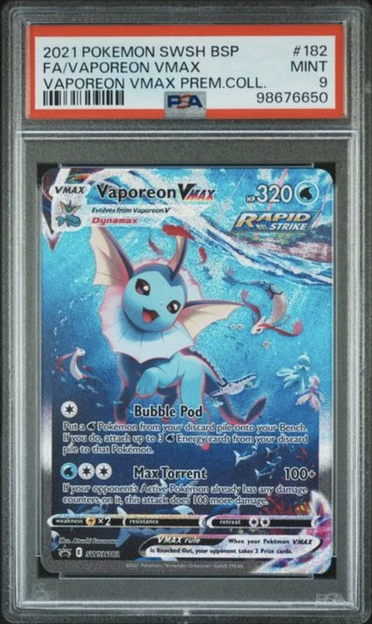 FA/VAPOREON VMAX POKEMON 182 2021 SWSH BLACK STAR PROMO FULLART HOLO EN PSA 9 gegradet